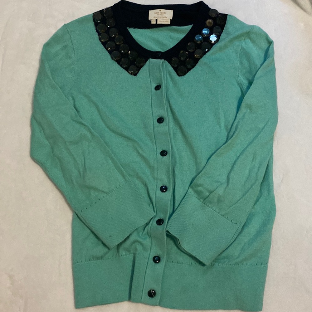 Kate Spade Beaded Cropped Cardigan Sweater Size XS Teal Green Blue Black Cotton
